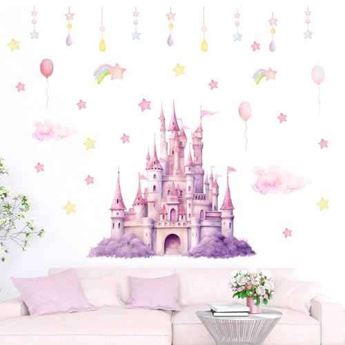 2 Sheets Princess Wall Decals, Pink Purple Princess Wall Stickers for Girls Room Large Peel and Stick Castle Mural Art Fairy Tale Stars Clouds Removable Wallpaper for Kids Nursery Bedroom
