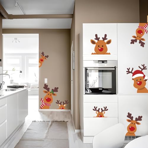 Christmas Wall Stickers Cute Reindeer Wall Decals Large Room Mural Stickers for Xmas Home Party Decor, 9.8 x 13.8 Inch, 4 Sheets