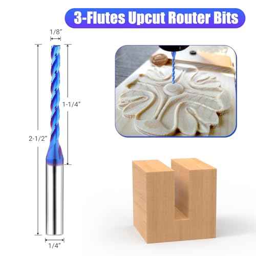1/8 inch Extra Long CNC Router Bits 1/4 inch Shank 1/8'' Cutting Dia Spiral Upcut CNC Bits, 4PCS 3-Flutes Carbide End Mills with Coating Spiral Router Bits for Wood PVC Engraving