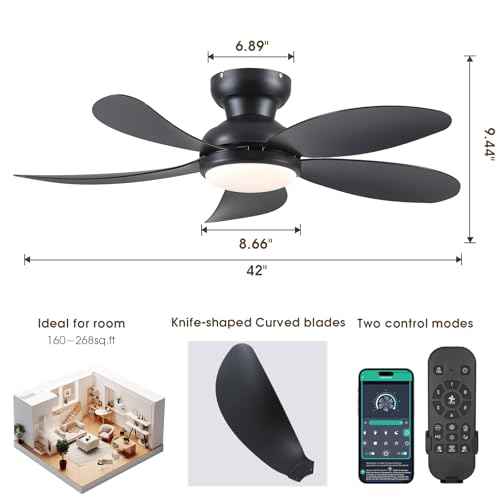 PHORUS 42" Black Low Profile Ceiling Fans with Lights and Remote,Small Flush Mount Ceiling Fans with Quiet Reversible DC Motor, Dimmable 3 CCT