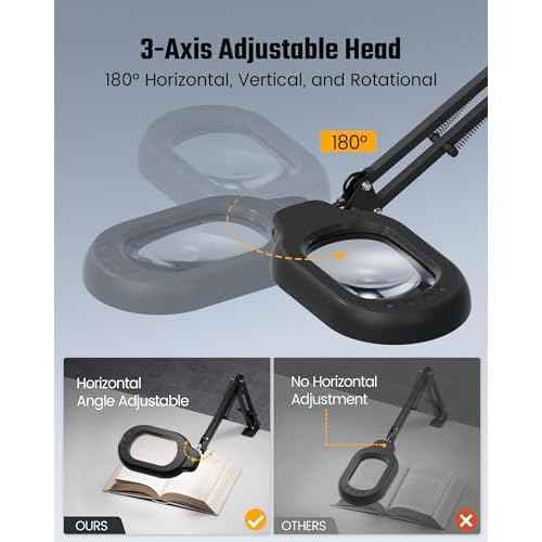 Magnifying Desk Lamp, 10X Square Magnifying Glass with Light and Stand, Dimmable LED Magnifier Lamp with Clamp and Base, Adjustable Swing Arm Light for Close Work, Reading, Crafting, Black
