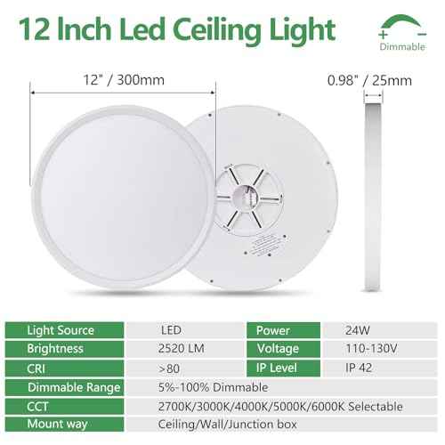 6PK Dimmable 12 Inch LED Flush Mount Ceiling Light, 24W, 2520LM, 2700K/3000K/4000K/5000K/6000K CCT Selectable, White Round Flat Panel Light Low Profile Ceiling Lamp for Bedroom/Kitchen/Living Room