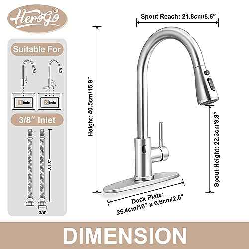 Touchless Kitchen Sink Faucet with Pull Down Sprayer, Herogo Brushed Nickel Stainless Steel Smart Activated Kitchen Faucet with Soap Dispenser, Single Handle Motion Sensor Tap for Farmhouse RV Sink