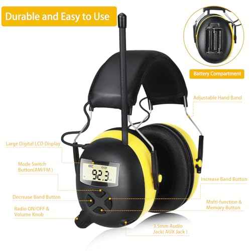 BJKing AM/FM Radio Headphones with Digital Display, 30dB AM FM Hearing Protection Safety Ear Muff, Ear Protection Headphone for Mowing, Landscaping, Shooting and Construction Black-Green