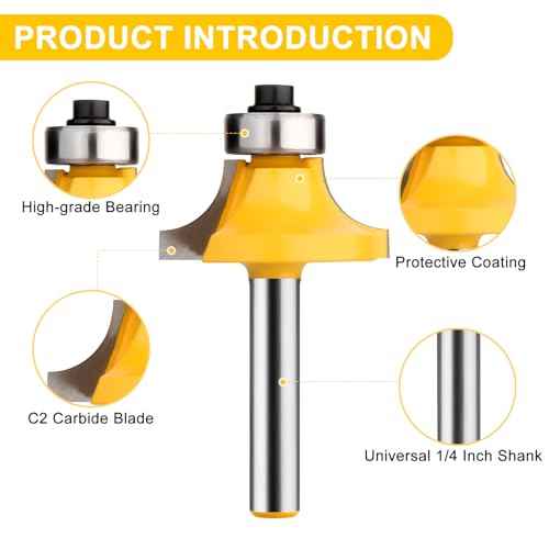 Roundover Router Bit Set 1/4 Inch Shank, Bearing Guide for Rounding Edge Bit, Radius in 1/8", 1/4", 3/16", 5/16"