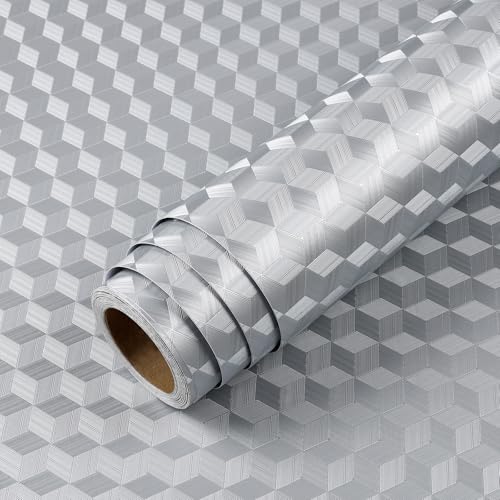 LACHEERY Silver Grey Metallic Wallpaper for Kitchen Backsplash Wallpaper Peel and Stick Waterproof Removable 3D Wall Paper Kitchen Contact Paper for Countertops Cabinets Drawers Liner Roll 15.8"x80"