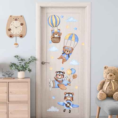 Yovkky Airplane Hot Balloon Bear Wall Decals Stickers, Blue Flying Animal Aircraft Neutral Toddlers Nursery Decor, Cloud Stars Home Decorations Kids Baby Bedroom Playroom Classroom Art