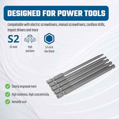 Ball End Hex Head Metric Allen Wrench Screwdriver Bit Set 5PCS 2.5mm 3mm 4mm 5mm 6mm 1/4 Inch Hex Shank 4 Inch/100 mm Length S2 Steel with Magnetic for Power Screwdriver Drill Impact Driver