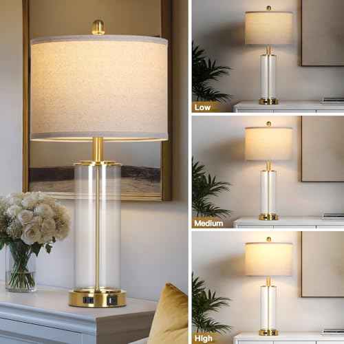 26" Gold Glass Table Lamp for Living Room Single, 3-Way Dimmable Touch Control Bedroom Lamps with USB C+A Ports & AC Outlet, Modern Bedside Lamp for Nightstand Side End Table (Bulb Included)