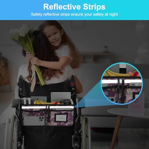 supregear Wheelchair Basket for Back, Large Capacity Wheelchair Backpack Organizer Bag with Multiple Pockets and Cup Holder, Waterproof Storage Pouch for Seniors, Floral Purple