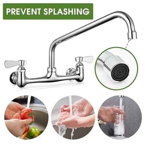 Kitchen Sink Faucet Wall Mount - 8 Inch Center Wall Mount Commercial Kitchen Sink Faucet with 12" Swivel Spout - Dual Lever Handles - Brass Constructed & Chrome Polished