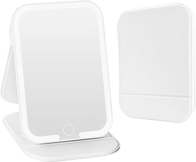Rechargeable Travel Mirror with Light, LED Makeup Mirror with Lights, Portable Vanity Mirror with 3 Color Lighting, Touch Dimmable Lighted Cosmetic Mirror, Travel Essentials (White)
