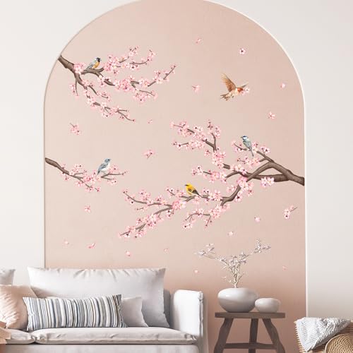 Pink Cherry Blossom Branch Wall Decals, Flowers Birds Wall Stickers Vinyl Peel and Stick Wall Decal Self Adhesive Wall Art Sticker for Aisle Bedroom Offices Sofa TV Backdrop Wall Home Decor