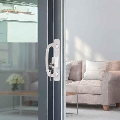 Keyed Sliding Patio Door Handleset, 45¡Æ Keyway, 3-15/16" H.C., Fits 1-3/8" to 2" Thick Doors, Non-Handed, White Diecast, Offset Position with Mortise Lock and Keeper£üOff Center Thumb Latch