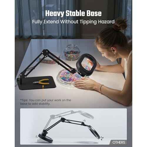 Magnifying Desk Lamp, 10X Square Magnifying Glass with Light and Stand, Dimmable LED Magnifier Lamp with Clamp and Base, Adjustable Swing Arm Light for Close Work, Reading, Crafting, Black