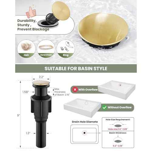 gotonovo Vessel Sink Faucet Single Handle Tall Bathroom Faucet One Hole Modern Lavatory Vanity Basin Mixer Tap Matching Supply Hoses and Pop up Drain Without Overflow, Brushed Gold