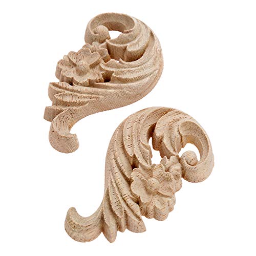 MUXSAM 1-Pair Rose Carved Wood Appliques Onlay, 8.5x5x1cm/3.35x1.97x0.39inch, Door Decorative Excellent Funiture Decal Sticker for Cabinet Drawer Window Dresser