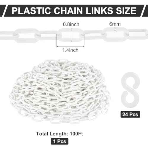 PATIKIL Plastic Chain Links, 100 Foot Safety Barrier Chain White for Crowd Control, Queue Line, Parking, Fence, Gate, Concert, Construction Site and Decoration