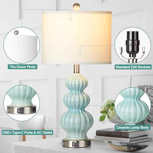 Ceramic Table Lamps Set of 2, Green Modern Bedside 26" Nightstand Lamp 3-Way Dimmable Lamp for Bedroom Living Room Contemporary, Side Table Lamp, Bulbs Included