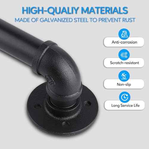 Pipe Stair Handrail, 6 Ft Metal Staircase Handrail, Black Galvanized Industrial Iron Hand Rail for Indoor & Outdoor Wall Mount Support, Wall Hand Railing,Safety Handle, Steps Baluster(HR01-3)