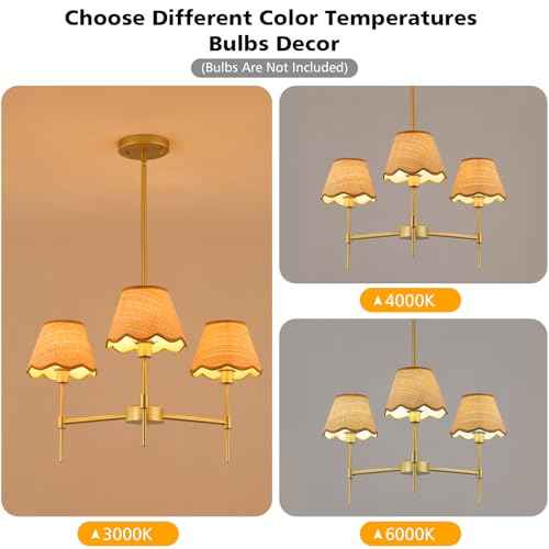 Gold Farmhouse Chandelier 3-Light Boho Pendant Lamp with Rattan Shade 26¡®¡¯ Rustic Chandelier Light Fixture with Height Adjustable Hanging Pole for Dining Room, Living Room, Bedroom, E12 Base