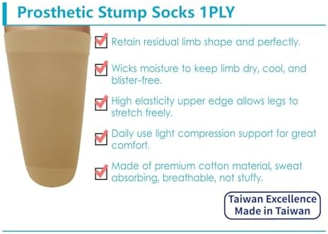 Prosthetic Stump Socks – AK, 1 PLY, Light Compression, Moisture Control, Sensitive Skin, Amputee Socks, Daily use, Breathable, Taiwan Excellence, 4 PCS