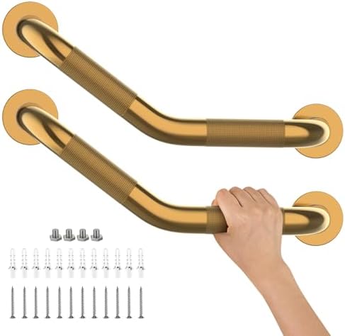 2 Pack 16 Inch Munzong Shower Grab Bars for Seniors, Gold Angled Anti Slip Grab Bars for Bathtubs and Showers Safety Hand Rail Support Handicap Elderly Injury Senior Assist Bath Handle