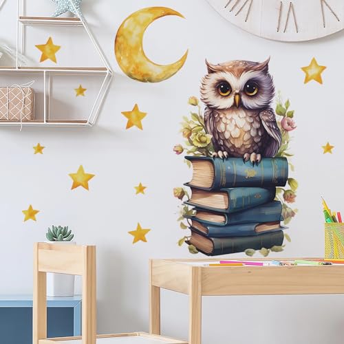 Cute Owl Books Moon Stars Educational Wall Stickers, sacinora Reading Corner Cartoon Animal Wall Decals Removable Vinyl Peel and Stick for Kids Baby Study Room Classroom Nursery Bedroom Art Decoration