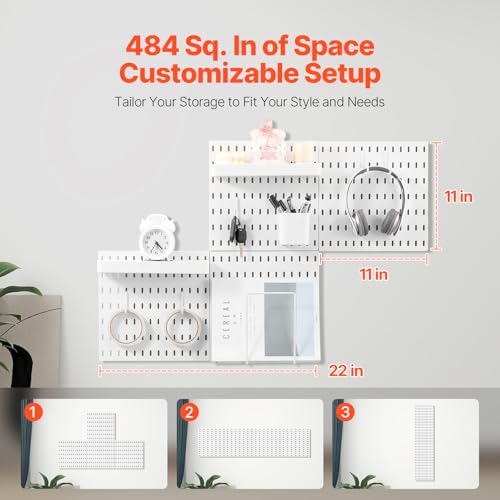 VEVOR Pegboard Combination Kit, 11" x 11" Plastic Pegboard, 4 Panels, Peg Board Wall Organizer Kit with Accessories, for Garage Tool Storage Kitchen Living Room Craft Room Office Bathroom Home, White