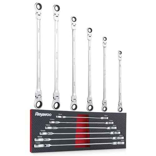 6 Pcs 8-19 mm Extra Long Ratcheting Wrench Set, 6-Piece Flex Head Ratcheting Wrench Kit, Metric Double Box End Wrench with 72-Teeth & 12 Point