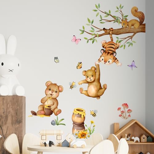 Supzone Woodland Bear Wall Stickers - Cute Animal Tree Branch Wall Decals, Tiger Bear Squirrel Swinging for Honey Wall Decor for Kids Baby Nursery Playroom Living Room Bedroom