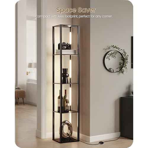 64.2" Display Shelf with Light, Modern Corner Floor Lampe with Shelves, LED Dimmable Standing Lamp with Remote for Living Room, Bedroom, Office, Adjustable CCT, Black Square B51LD05