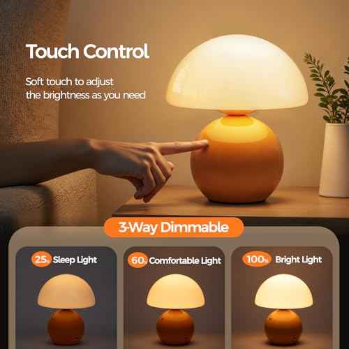 NIORSUN Mushroom Lamp Table Lamp for Bedroom, Portables Cordless Table Lamp,Wireless lamp,Small Bedside Table Touch Lamps for Living Room,Mini Mushroom 5200mAh Battery Operated Lamp Modern Orange