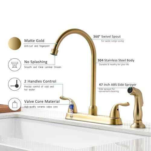Gold Kitchen Faucet with Side Sprayer - 2 Handles 8 Inches Centerset Sink Faucets 3 or 4 Hole RV Kitchen Sink Faucet Commercial Lead-Free Utility Faucet with High Pressure Sprayer & Water Hose