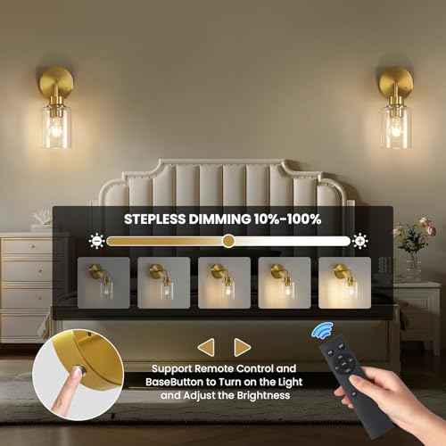 Battery Operated Wall Sconce Set of Two - Dimmable Wireless Sconces Set of 2 with Remote Control, Cordless Rechargeable Gold Wall Lights 3000K Modern Wall lamp for Bathroom Bedroom Living Room