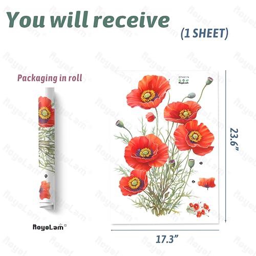 Red Poppy Wall Decals Removable Blooming Flower Vinyl Stickers for Nursery Living Room and Bathroom Botanical Decor Peel and Stick Wall Art for Feminine
