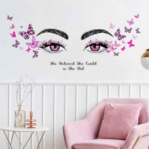 Pink Eyelash Eyes Butterfly Wall Stickers, sacinora Inspirational Quotes Motivational Word DIY Wall Decals Removable Vinyl Peel and Stick for Women Girl Kids Living Room Bedroom Nursery Art Decor