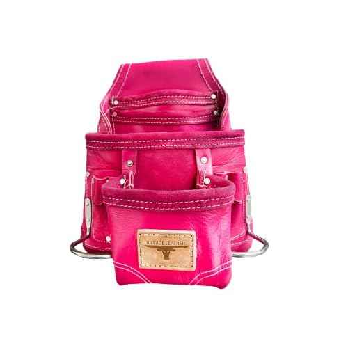 Heavy Duty Tool Pouch | Carpenters Tool Pouch 3250, Pink, Top Grain, 10 Pockets, 2 Hammer Holders, Reinforced Seams | Made from Premium Natural Grain Leather for Superior Durability