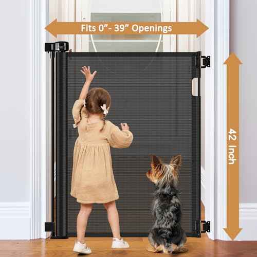 42 Inch Extra Tall Baby Gate 0"-39" Wide Narrow Baby Gate for Stairs Extra Tall Retractable Dog Gates for Doorways Pet Gate Indoor Mesh Gate for Kids Dog Gates for The House, Black