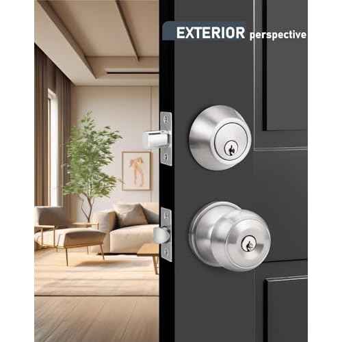 3 Pack Keyed Alike Front Door Knob and Deadbolt Set, Entry Door Locksets with Single Cylinder Deadbolt, Satin Nickel Flat Round Door Lock Set for Bedroom/Office/Exterior Doors