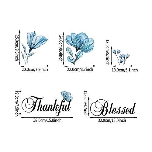 ADECALS Thankful Grateful Blessed Motivational Wall Sticker Blue Flower Butterfly Peel and Stick Wall Art Decor Home Famiy Inspirational Stickers Decor Quotes