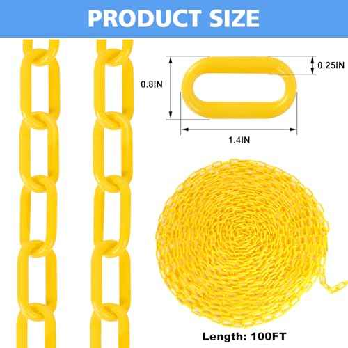 100FT Plastic Chain, Yellow Plastic Chain Links, Waterproof Safety Chain, Plastic Barrier Chains for Crowd Control
