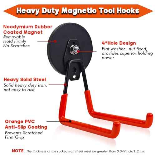 Heavy Duty Large Magnetic Hooks ? Strong Storage Utility Magnet Hook with Anti-Slip Rubber Coating for Power Tools, Garden Equipment, Pegboard, Garage & Workshop Use - 2 Pack