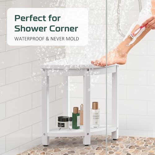 Corner Stool for Inside Shower Waterproof, HIPS Poly Lumber Shower Bench Seat Chair, Bath Shower Stool for Shaving Legs, Foot Rest with Adjustable & Non-Slip Feet, Load 400 lbs, White