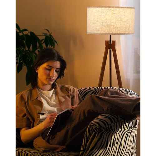 ELYONA Wood Tripod Floor Lamp, Mid Century Reading Standing Lamp with 3 Color Temperatures & Linen Shade, Modern Night Light for Bedroom, Farmhouse, Living Room, Office, 9W LED Bulb Included, Brown