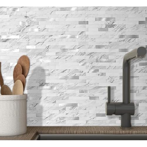 DICOFUN Peel and Stick Backsplash Tile, PVC Mixed Metal Stick on Backsplash Tiles for Kitchen and Bathroom (1, White Marble & Grey Texture)