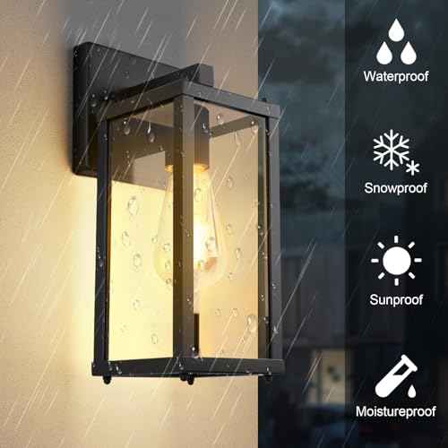 Outdoor Porch Lights Sconce: Waterproof & Stylish Exterior Lighting Fixtures, Black Wall Light with E26 Socket and Glass Shade, Modern Outdoor Lanterns for Patio & Front Door (2 Pack)