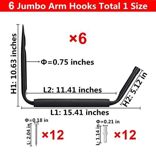 Ihomepark Heavy Duty Garage Indoor Kayak Storage Hooks Hanger, 15 Inch Wall Mounted Utility Hanging Cradle Rack for Canoe Paddle Board, Ladder, Folding Chairs, Hose, Bicycle and Tools (6 Pack, Black)