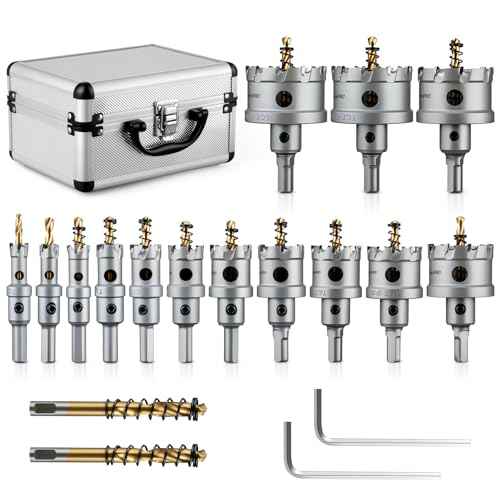 16 PCS TCT Hole Saw Kit for Hard Metal, 5/8" to 2-1/8" TCT Hole Cutter Set, Stainless Steel, Iron, Wood, Plastic, with 2*Extra Titanium Plated Pilot Center Drill and 2*L-Wrench