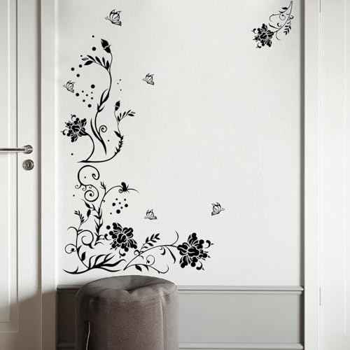 Supzone Flowers & Butterflies Wall Decals - DIY Black & Floral Wall Stickers for Bedrooms & Living Rooms